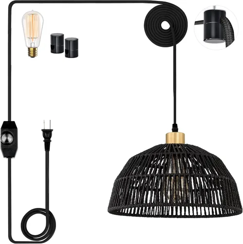 Vista 10 de Lámpara colgante enchufable, luces colgantes con cable de algodón dorado de 15 pies e interruptor de atenuación continuo, pantalla de cuerda