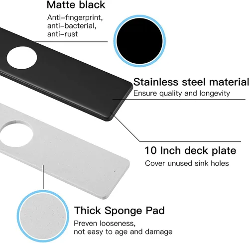 Vista 2 de Grifo de fregadero de cocina o baño de 10 pulgadas, placa cuadrada de acero inoxidable para cubrir agujeros de montaje no utilizados, P-111-B