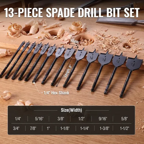 Vista 4 de WORKPRO 13-Piece Spade Drill Bit Set, 1/4" to 1-1/2", Black