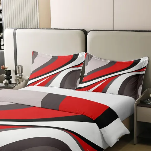 Vista 4 de Erosebridal Juego de ropa de cama geométrica de 100 % algodón, tamaño individual, funda de edredón de remolinos rojos, blancos y grises, funda