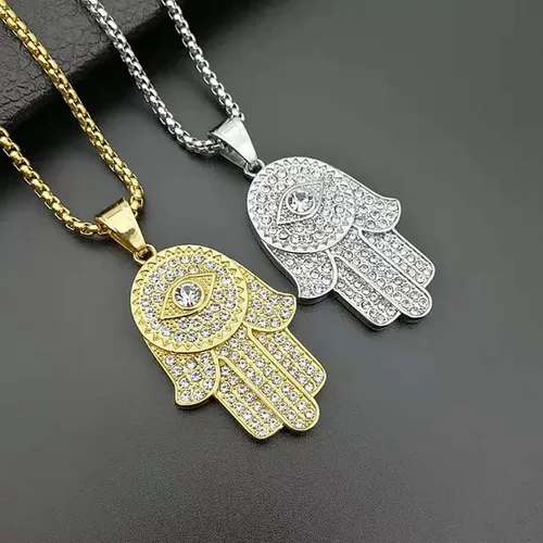 Vista 6 de Turkish Evil Eye Hand of Fatima Pendant Necklace Gold Color Stainless Steel Iced Out Chains For Women Men Hip Hop Jewelry