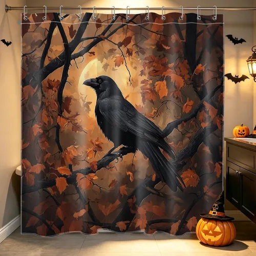 Vista 11 de HVEST Cortina de ducha con ganchos, calabaza espeluznante y fantasma con sombrero de bruja negro, juego de cortina de ducha naranja con flores
