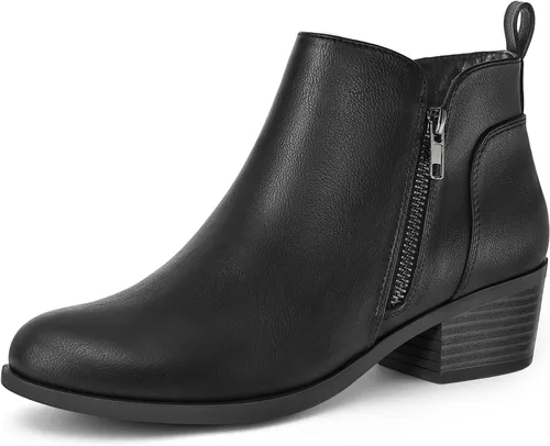 Vista 16 de Mysoft - Botines de tobillo para mujer con tacón bajo grueso y puntera redonda, estilo casual, cómodos, cortos con cremallera lateral PU Coñac