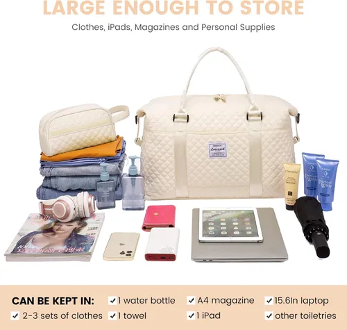 Vista 12 de LOVEVOOK Bolsa de fin de semana para mujer, bonita bolsa de viaje para gimnasio, bolsa de viaje con bolsa de artículos de tocador, bolsa