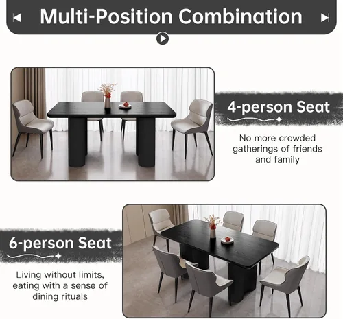 Vista 14 de Mesa de comedor rectangular moderna de 62.99 pulgadas para 4-6, mesa de cocina negra de mediados de siglo con patas onduladas y parte superior