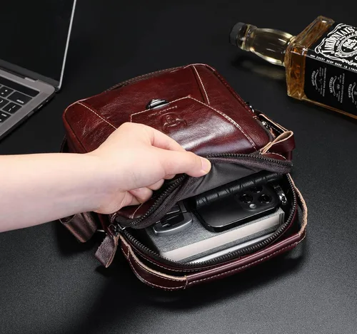 Vista 5 de Bolso bandolera de cuero para hombre, estilo vintage, bolso de hombro, bolso cruzado, bolso de viaje, mochila casual, Café