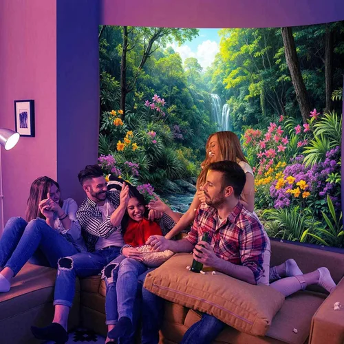 Vista 5 de Tapiz de cascada de bosque, flores de paisaje natural, tapices para colgar en la pared para hombres y niños, decoración de arte de pared, decoración
