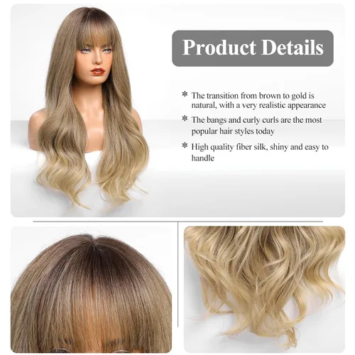 Vista 2 de HAIRCUBE Peluca de color marrón a rubio con flequillo para mujer, peluca de cabello largo ondulado marrón y rubio, pelucas sintéticas rizadas