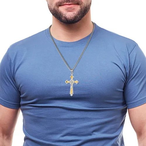 Vista 6 de Dowos Collar de cruz para hombre, collar con colgante de cruz para hombre, acero inoxidable 316L, colgante grande de cruz de Jesucristo, joyería