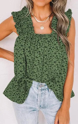 Vista 2 de PRETTYGARDEN Camisetas sin mangas con estampado floral bohemio para mujer, con tirantes fruncidos, plisadas, para verano, casuales, para la playa