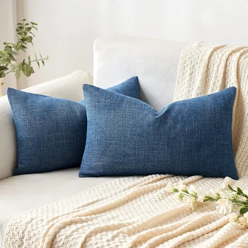 Vista 11 de MIULEE - Paquete de 2 fundas de almohada decorativas de lino de arpillera costera, estilo granja, para sofá, coche, sillón, dormitorio, sala de Azul