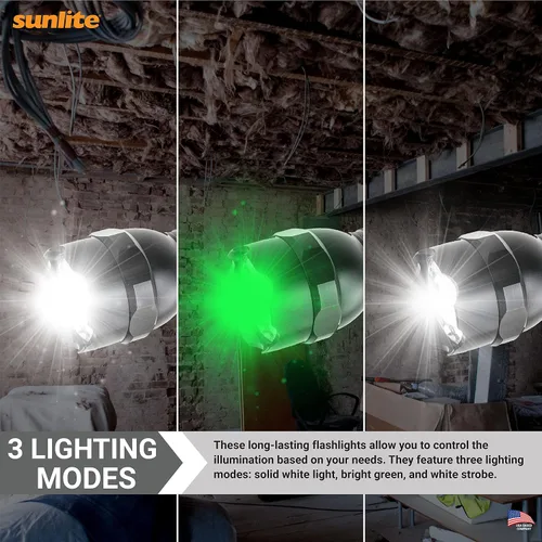 Vista 4 de Sunlite 41780 Linterna LED de alta potencia para exteriores, 3 modos, linterna, luz estroboscópica, luz verde, resistente al agua, de mano, negro, 2