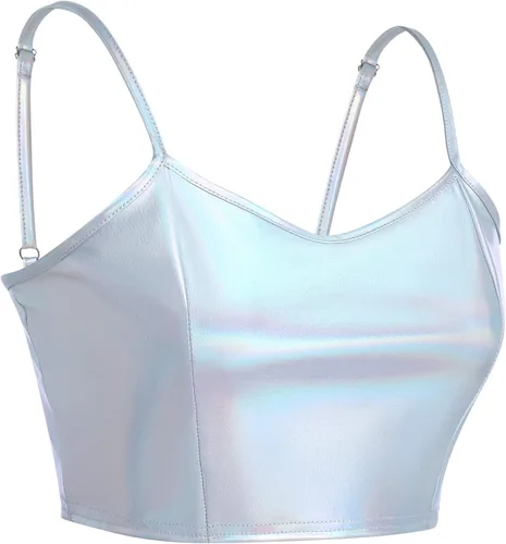 Vista 2 de Top corto holográfico metálico brillante con hombros descubiertos para mujer, blusa de tubo para rave, casual, sin tirantes, chaleco básico sexy