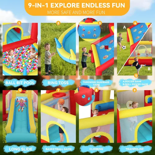 Vista 4 de Casa inflable de rebote para niños de 9 en 1 con tobogán alto, piscina de pelotas, juego de fútbol de habilidad, juego de sacos de arena