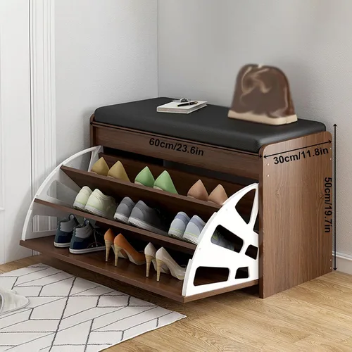 Vista 7 de IPSU Zapatero de entrada con asiento, banco de zapatos de 3 niveles con cajón abatible para niños y adultos, moderno zapatero independiente