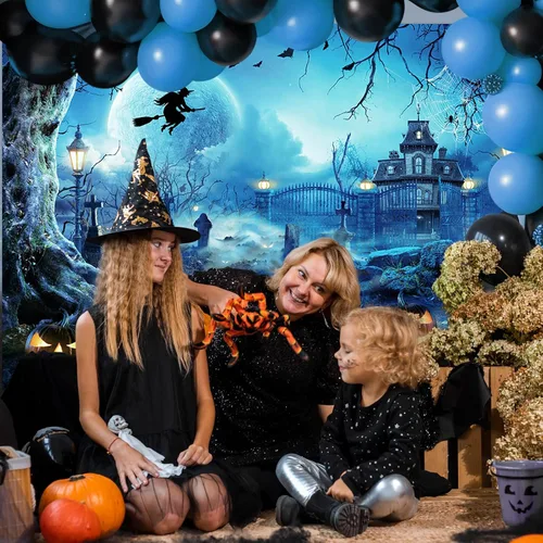 Vista 6 de Avezano Telón de fondo para fotografía de Halloween, luna llena, noche aterradora, castillo, calabazas, fondo de fiesta, espeluznante, bruja, Azul