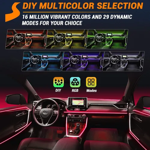 Vista 4 de Tira de luces LED para interiores de automóvil de 315 pulgadas, tubo de fibra óptica alimentado por USB, RGB 6 en 1, neón para automóvil