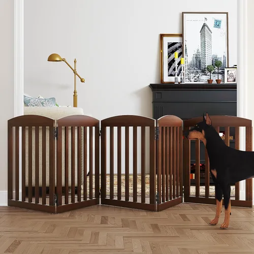 Vista 11 de SPIRICH Puerta plegable independiente de madera para perros de 96 pulgadas de ancho y 28 pulgadas de alto, puerta para mascotas, 4 paneles