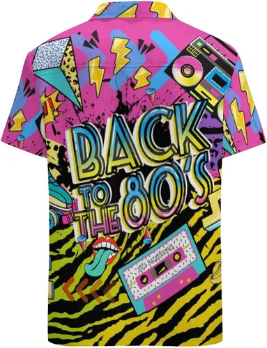 Vista 4 de LARSD Camisas de los años 80 para hombre, camisa con botones de los años 90, camisa vintage retro hawaiana de playa, camisa de discoteca de neón