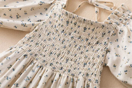 Vista 4 de NNJXD Vestido floral con estampado elástico fruncido para niña, ropa casual de verano