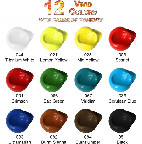 Vista 2 de Juego de pintura acrílica de cuerpo pesado, 12 colores (2.5 fl oz/2.54 onzas), pigmento rico para lienzo, rocas, huevos, pintura profesional