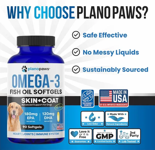 Vista 4 de Aceite de pescado Omega 3 para perros, 90 cápsulas blandas, piel, abrigo, soporte para el desprendimiento Dog Supplement for Allergy, Itch Relief