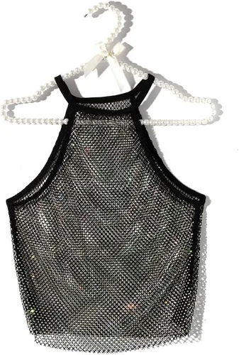 Vista 2 de Camiseta corta sin mangas de malla con diamantes de imitación para mujer, con cuello halter, transparente, chaleco brillante