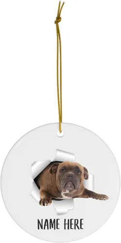 Vista 2 de Adornos de árbol de Navidad rojos con nombre personalizado, diseño de matón americano, decoraciones de cerámica, regalos para amantes de los perros