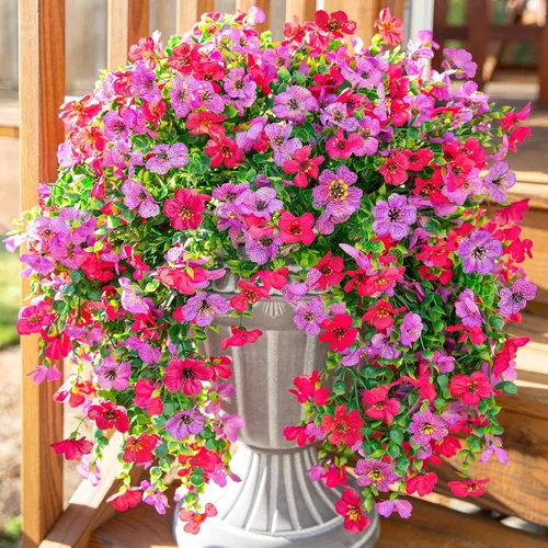 Vista 14 de Flores artificiales colgantes de imitación para decoración exterior de otoño, 2 piezas de violetas de seda falsas con eucalipto, resistentes a