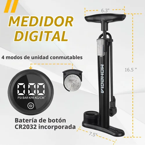 Vista 4 de MOHEGIA Bomba de piso de bicicleta con manómetro: bomba de bicicleta de aire con alta presión 160 PSI, se adapta a la válvula Schrader y Presta