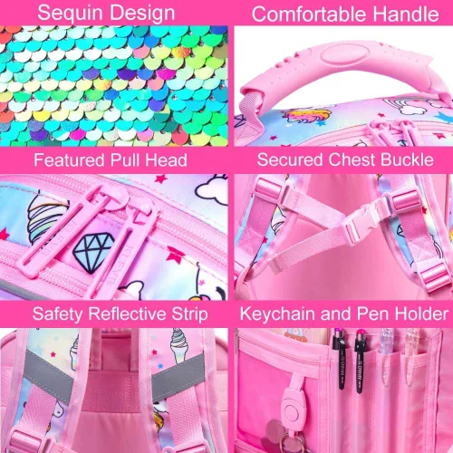 Vista 3 de 3 piezas de mochilas infantiles para niñas, 41 cm, mochila escolar preescolar y lonchera con diseño de unicornio/sirena/flamenco Mochila