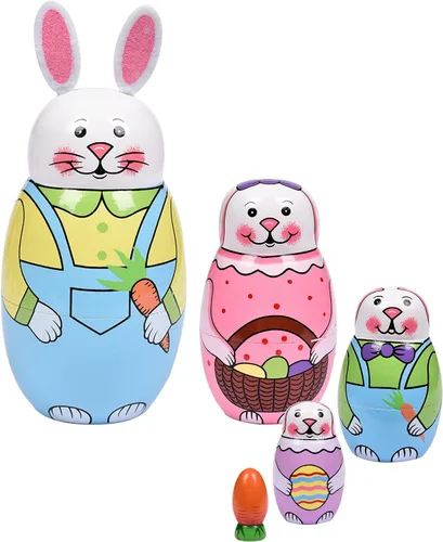 Vista 7 de Muñecas rusas "matrioskas", 5 unidades, 15 cm de alto, diseño de animales, huevos de Pascua, juguetes de anidación, muñecas de madera hechas a mano