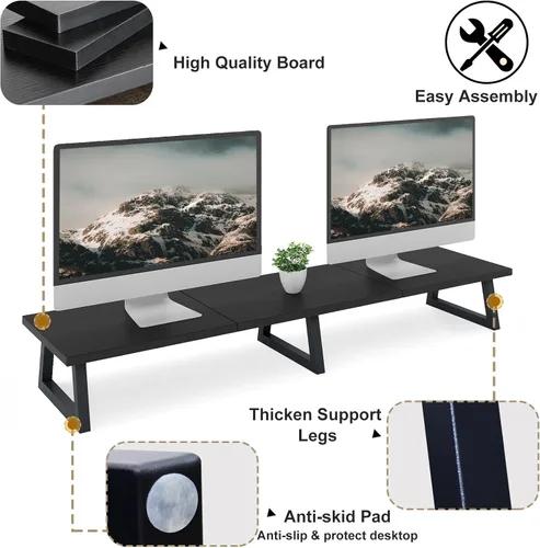 Vista 4 de TEAMIX Soporte elevador de monitor dual de 42 pulgadas en negro, soporte largo de monitor de madera y acero para 2 monitores con almacenamiento