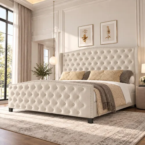 Vista 14 de LARMACE Base de cama tamaño Queen con tapizado de terciopelo, cama de plataforma con cabecera y pie de ala, base de cama con botones profundos