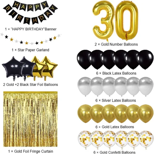Vista 2 de Globo de decoración de cumpleaños número 30 en negro y dorado, globo de papel de aluminio del número 30, suministros de decoración de cumpleaños
