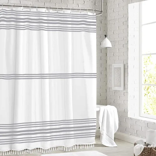 Vista 6 de Seasonwood Cortina de ducha gris y blanca con borlas Cortinas de ducha estilo granja moderna para decoración de baño 72L"x72A" Lavable a máquina