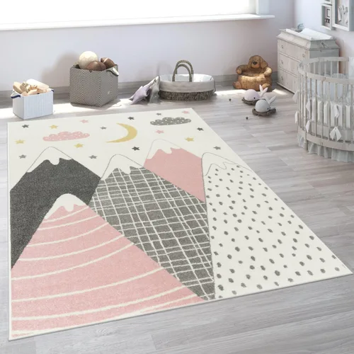 Vista 9 de Paco Home Alfombra infantil para guardería con montañas de colores pastel, estrellas de ensueño y luna en azul, tamaño: 2'8" x 4'11