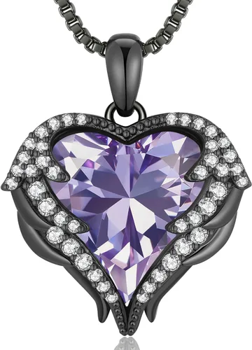 Vista 16 de CDE Angel Wings Heart Birthstone Pendant Necklace Gift for Women Negro-01&07-Piedra natal roja rubí