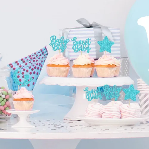 Vista 4 de Gyufise 24 piezas de adornos azules para cupcakes para bebé, con purpurina azul, estrellas, luna, dulce baby shower, niño, cupcakes para baby