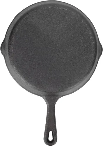 Vista 9 de Sartén de hierro fundido, sartén redonda negra, sartén de cocción uniforme con doble salida, sartén de cocción fácil presazonada para parrilla