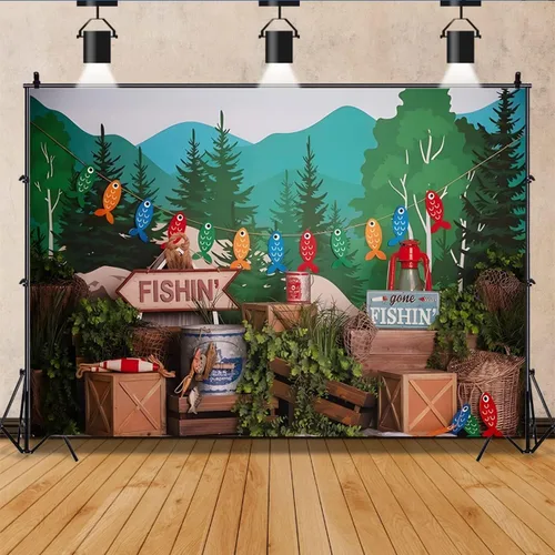 Vista 2 de Fondo de fotografía de pesca con plantas verdes bosque, para niños, fiesta de cumpleaños, pastel, retrato para baby shower, fiesta, accesorios