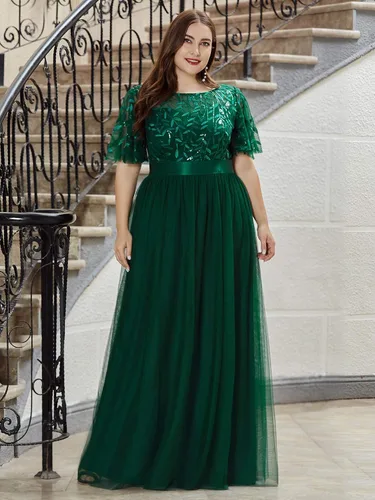 Vista 4 de Ever-Pretty Vestido de fiesta de noche de tul con lentejuelas y cuello redondo de talla grande para mujer 0904-PZ