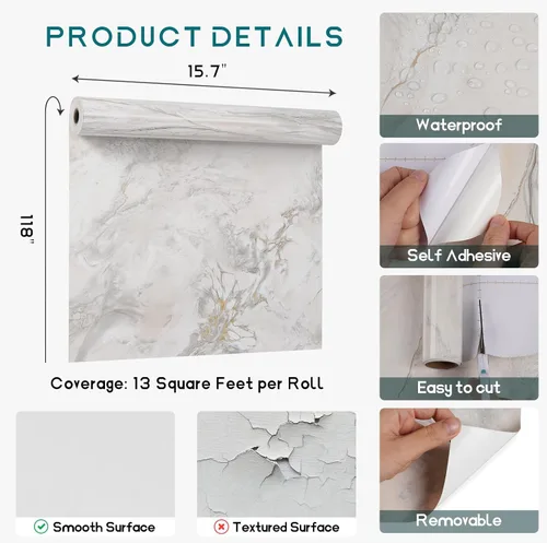 Vista 8 de VEELIKE Papel de contacto para encimera de mármol dorado crema, de 15.7 x 118 pulgadas, impermeable, para despegar y pegar, para cocina, papel tapiz