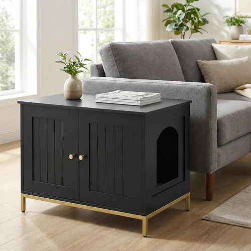 Vista 6 de Homhedy Gabinete para Caja de Arena para Gatos, Muebles de Baño para Gatos con Marco de Metal, Casa para Mascotas, Se Adapta a la Mayoría de Cajas
