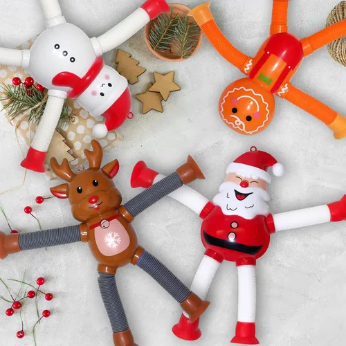Vista 7 de Tubos Pop de Navidad con LED que se Iluminan 4 Piezas Juguetes Sensoriales Fidget, Juguetes de Santa con Ventosa Telescópica Autismo Regalos