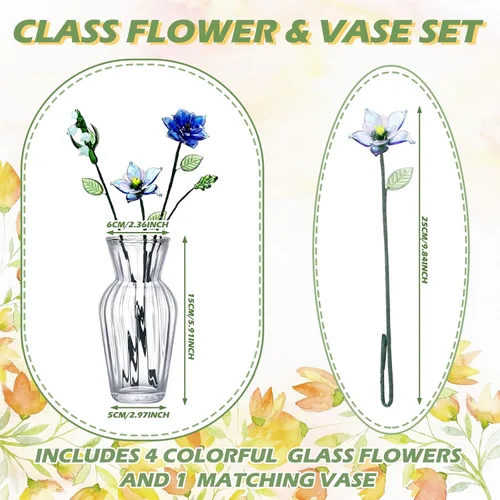 Vista 4 de HunnmingRe 5 piezas de flores de vidrio con jarrón, decoración de flores de mes de nacimiento de mayo, ramo de flores de cumpleaños de vidrio