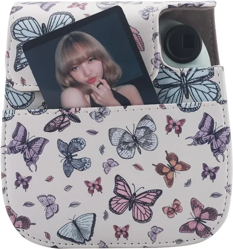 Vista 2 de Funda Protectora Compatible con Cámara de Fotos Instantáneas Fujifilm Instax Mini 12 11 9 8 con Bolsillo y Correa Ajustable (Mariposa Grande Pequeña)