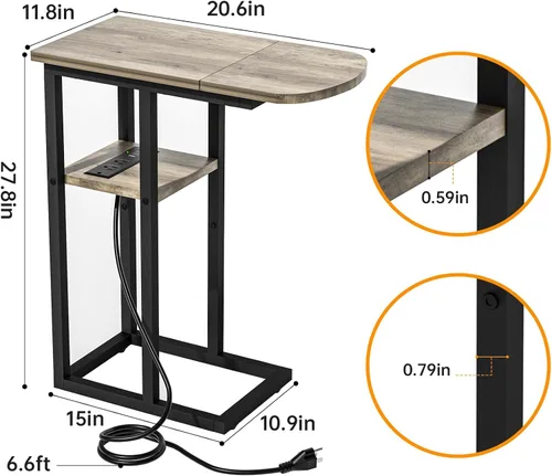 Vista 8 de eiskah - Mesa de extremo C con estación de carga, mesa lateral en forma de C para sofá, mesa para sala de estar, dormitorio, mesa para laptop