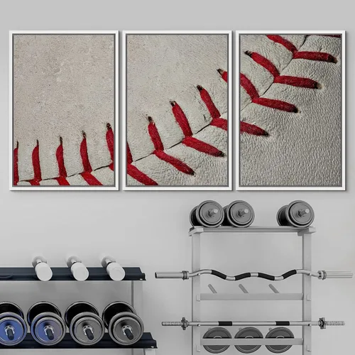 Vista 110 de wall26 Lienzo enmarcado para pared, juego de arte de primer plano, detalles de costuras de béisbol, atletas deportivos, fotografía, moderno