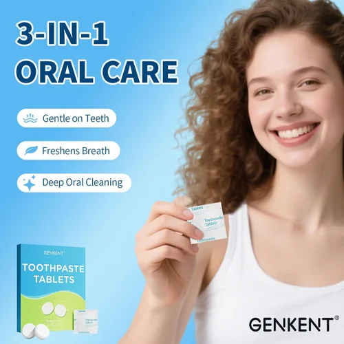 Vista 2 de GENKENT Tabletas de pasta de dientes, pastillas masticables sin flúor y plástico, ecológicas y aptas para viajes (60 unidades)